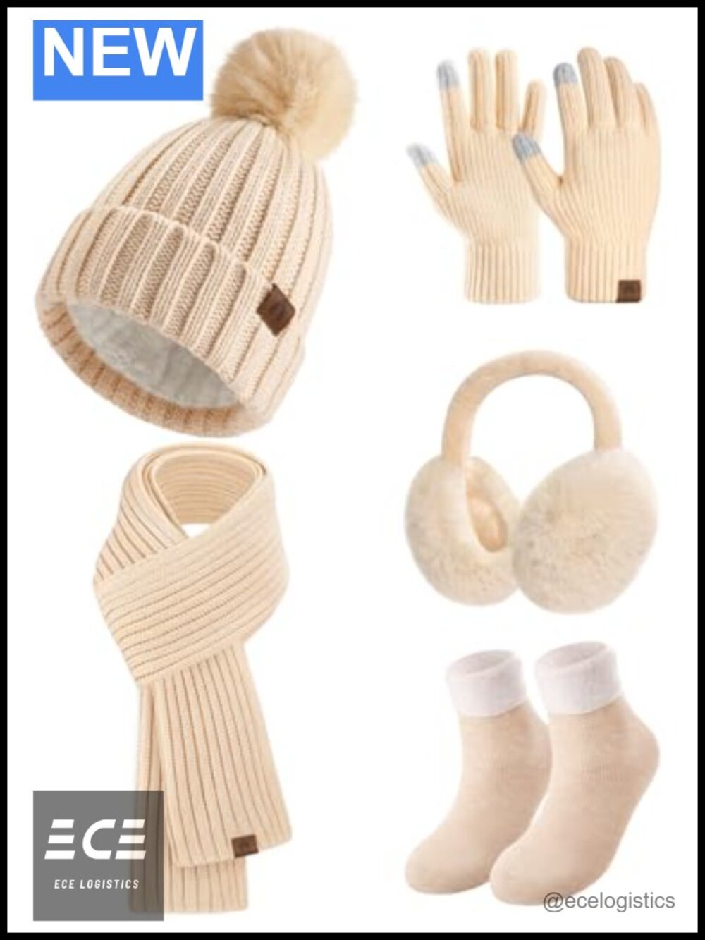 Winter Hat Scarf Gloves Ear Muffs Socks 5pc Set Acrylic Knit